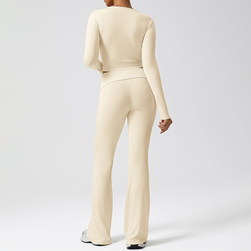 Snug-Fit Cropped Long Sleeve + Flared Leg Pants 2-Piece Set