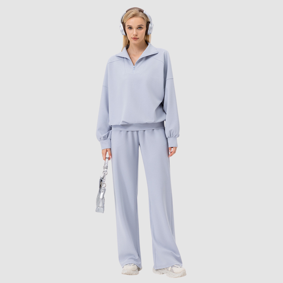 Wholesale Women’s Stand-Collar Lounge Set – Long Sleeve Sweatshirt & Wide-Leg Pants