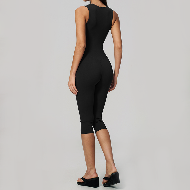 Wholesale Women's Bare-Feel Square Neck Yoga Jumpsuit with Chest Pad & Capri Shorts