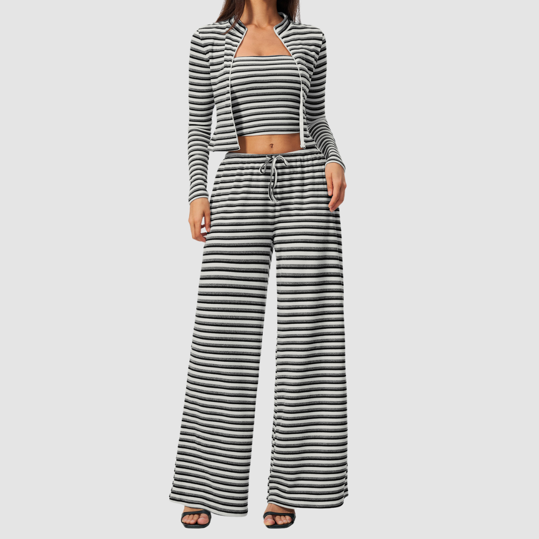 Wholesale Women's Stripe Yoga Bra & Wide-Leg Pants & Jacket 3-Piece Set