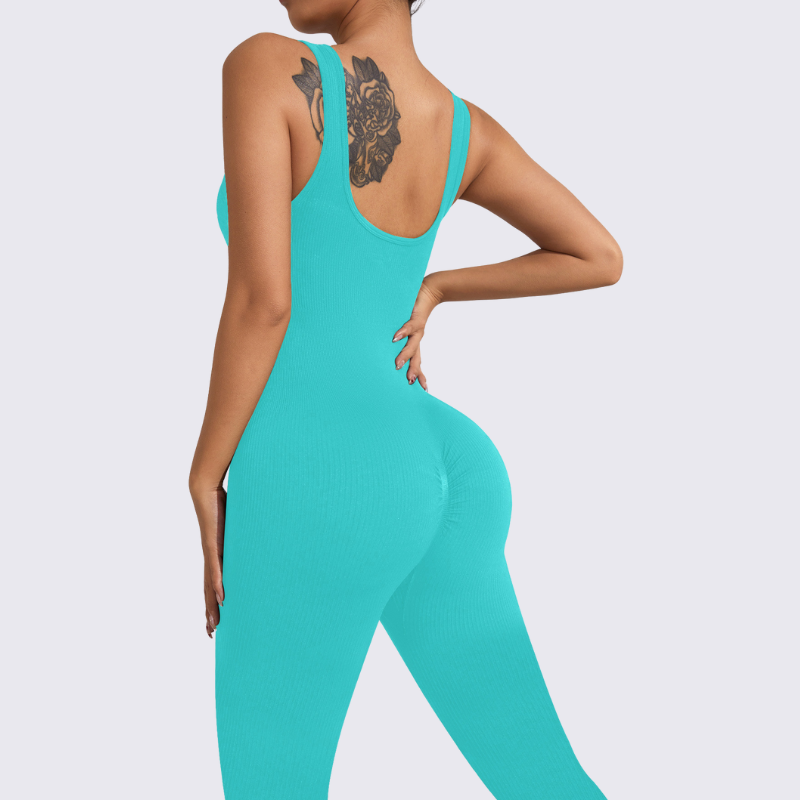 V-neck backless ribbed wide leg double strap yoga jumpsuit