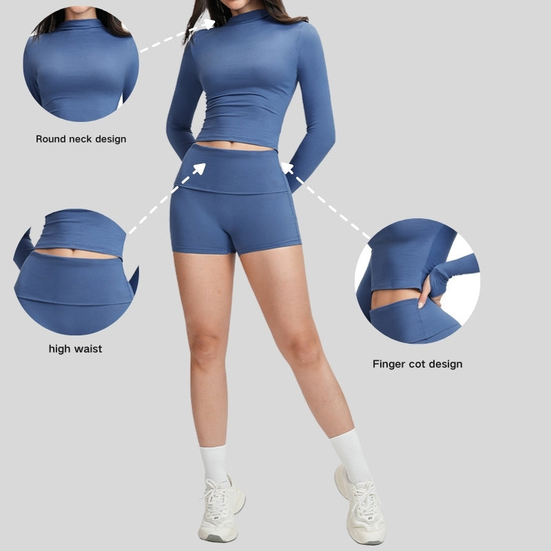 Yoga-inspired slim-fit long-sleeved top + tight-fitting shorts 2-piece set