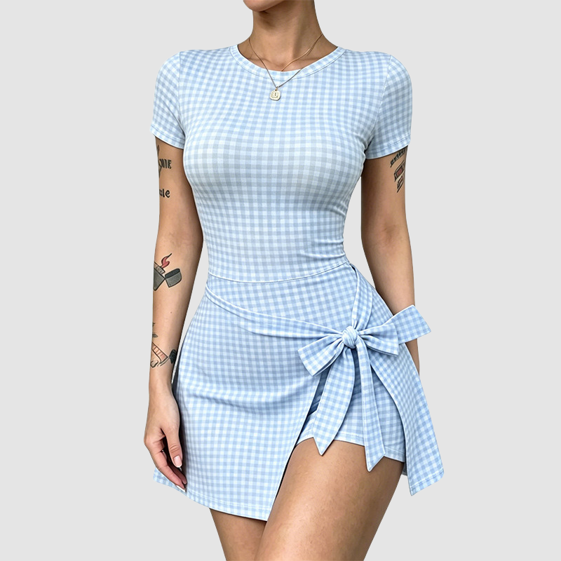 Wholesale Women's Plaid Faux Two-Piece Yoga Mini Dress with Built-in Bra