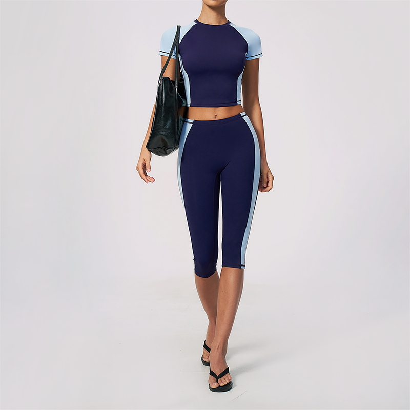 Wholesale Women's Colorblock Bare-Feel Yoga Set Short Sleeve Top & Capri Pants