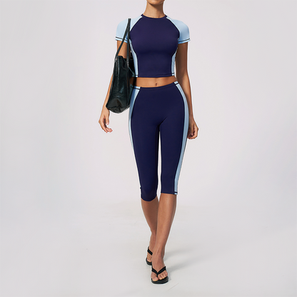 Wholesale Women's Colorblock Bare-Feel Yoga Set Short Sleeve Top & Capri Pants