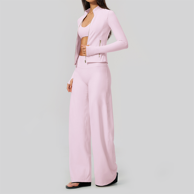 Wholesale Women's 3-Piece Yoga Set – Zip Jacket, Sports Bra & Wide-Leg Pants