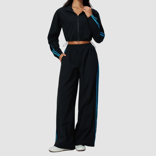 Wholesale Women's Color-Block Stand-Collar Wide-Leg Pants Sports Set