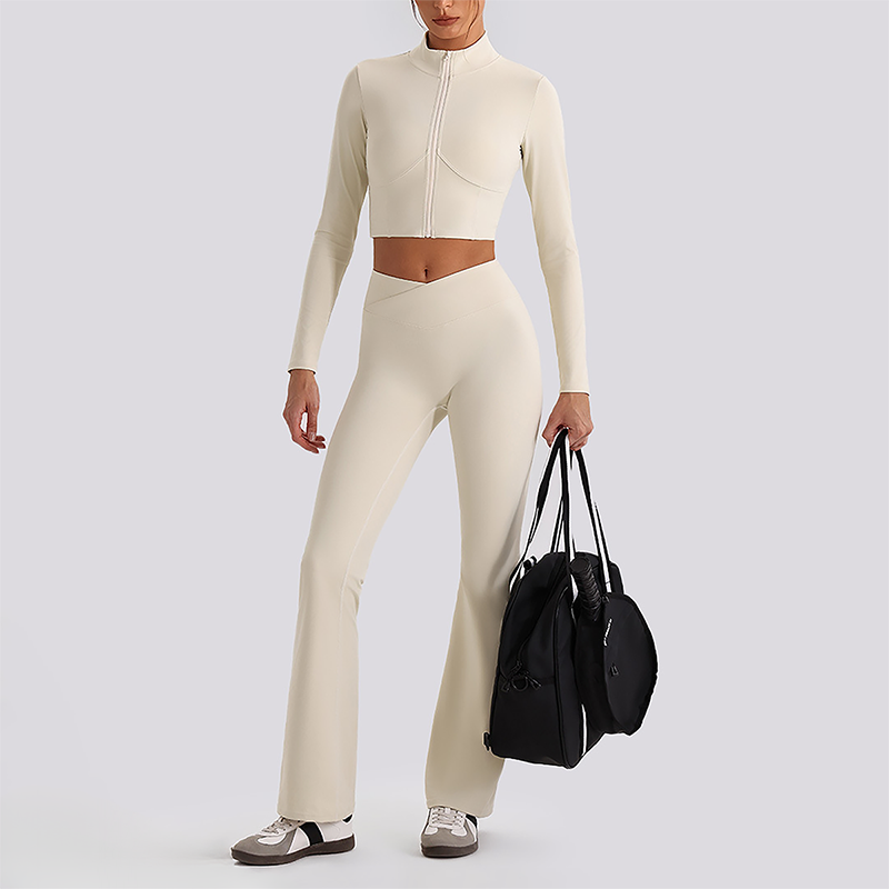 Wholesale Women's Zip-Up Long Sleeve Crop Top & High Waist Leggings Set