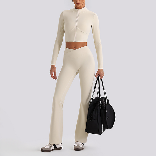 Wholesale Women's Zip-Up Long Sleeve Crop Top & High Waist Leggings Set