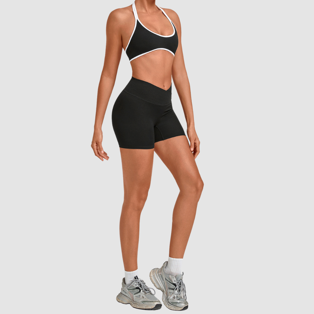 Wholesale Women’s Contrast Sports Bra & High-Waist Biker Shorts Yoga Set