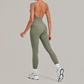 Wholesale Women's Brushed Yoga Jumpsuit – Open-Back Slim Fit Athletic Bodysuit w/ Chest Pad