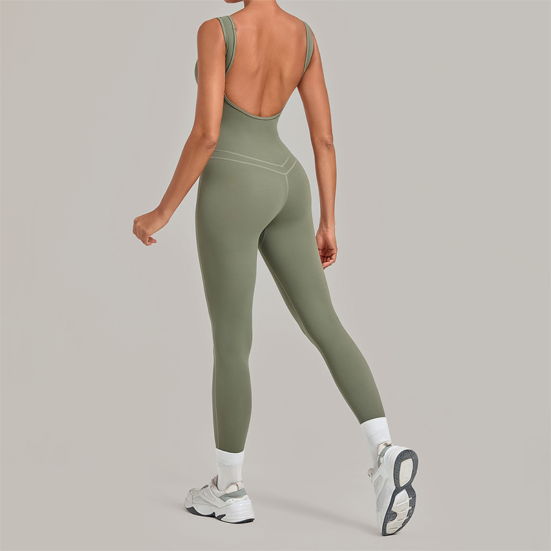 Wholesale Women's Brushed Yoga Jumpsuit – Open-Back Slim Fit Athletic Bodysuit w/ Chest Pad