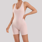 Wholesale Women's Open-Back Athletic Bodysuit – Cloud-Feel Double-Sided Quick-Dry Shorts Jumpsuit