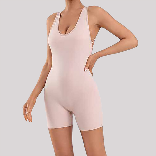 Wholesale Women's Open-Back Athletic Bodysuit – Cloud-Feel Double-Sided Quick-Dry Shorts Jumpsuit