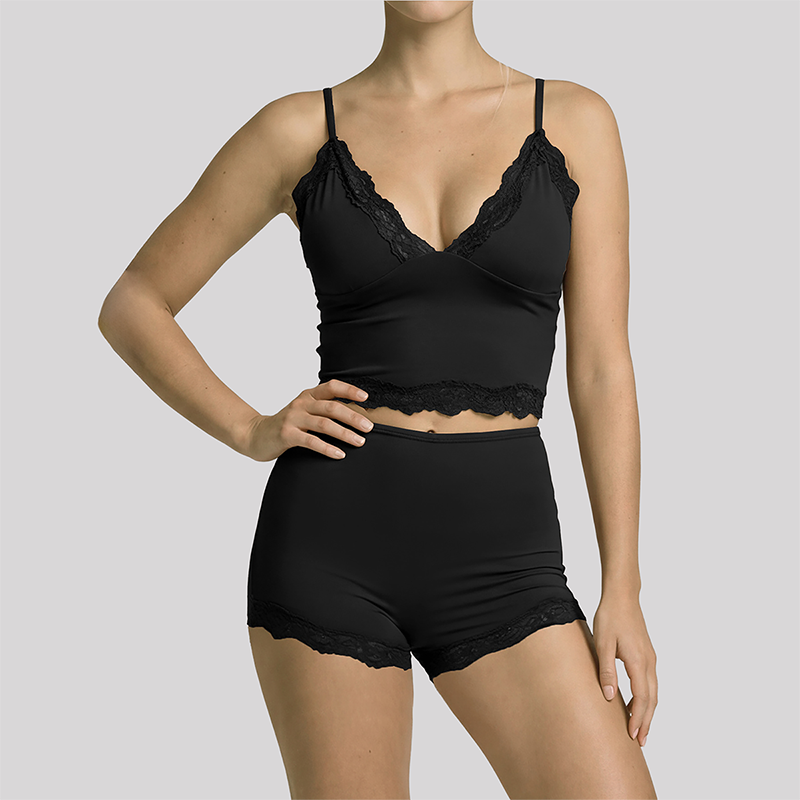 Wholesale Women's Lace V-Neck Cami Yoga Set – Built-in Bra High Waist Shorts Lounge Set
