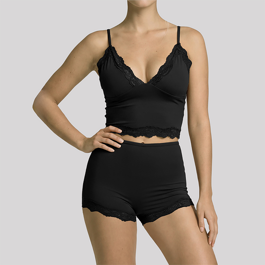 Wholesale Women's Lace V-Neck Cami Yoga Set – Built-in Bra High Waist Shorts Lounge Set