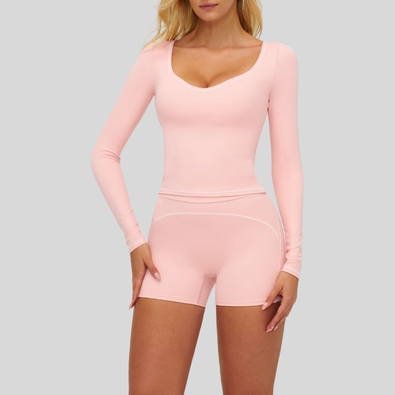 Color-blocked long-sleeved sports top+High waisted shorts 2-piece set
