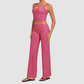 Wholesale Women's Activewear Retro Print Fold-Over Waist Top & Straight-Leg Pants Set