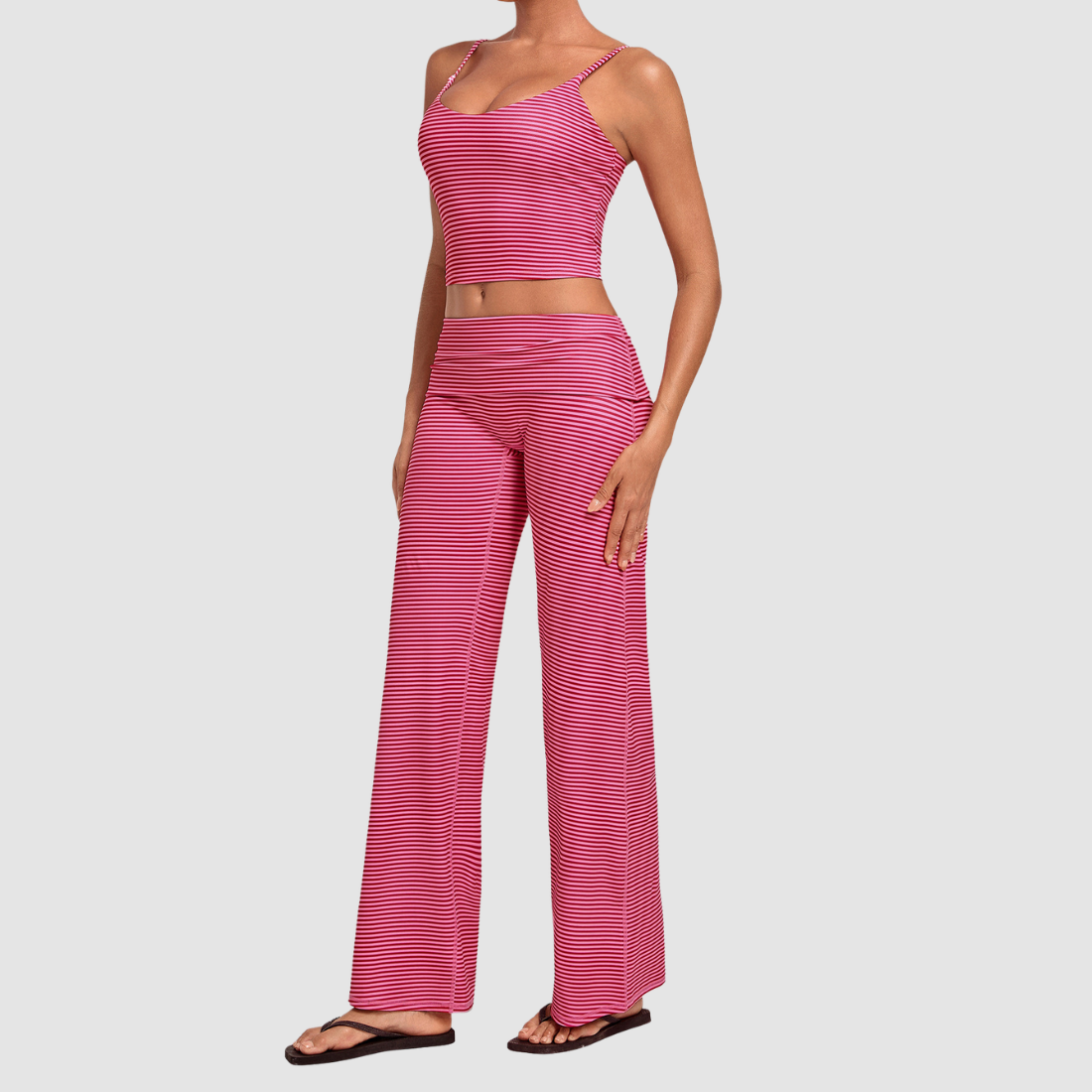 Wholesale Women's Activewear Retro Print Fold-Over Waist Top & Straight-Leg Pants Set