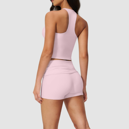 Wholesale women's brushed vest and fold-over hip-lifting shorts set