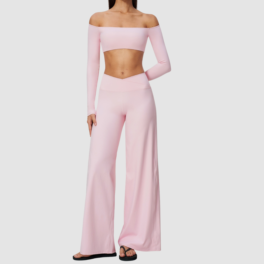 Wholesale Women's Long-Sleeve Tops + Wide-Leg Pants Fitness Two-Piece Set