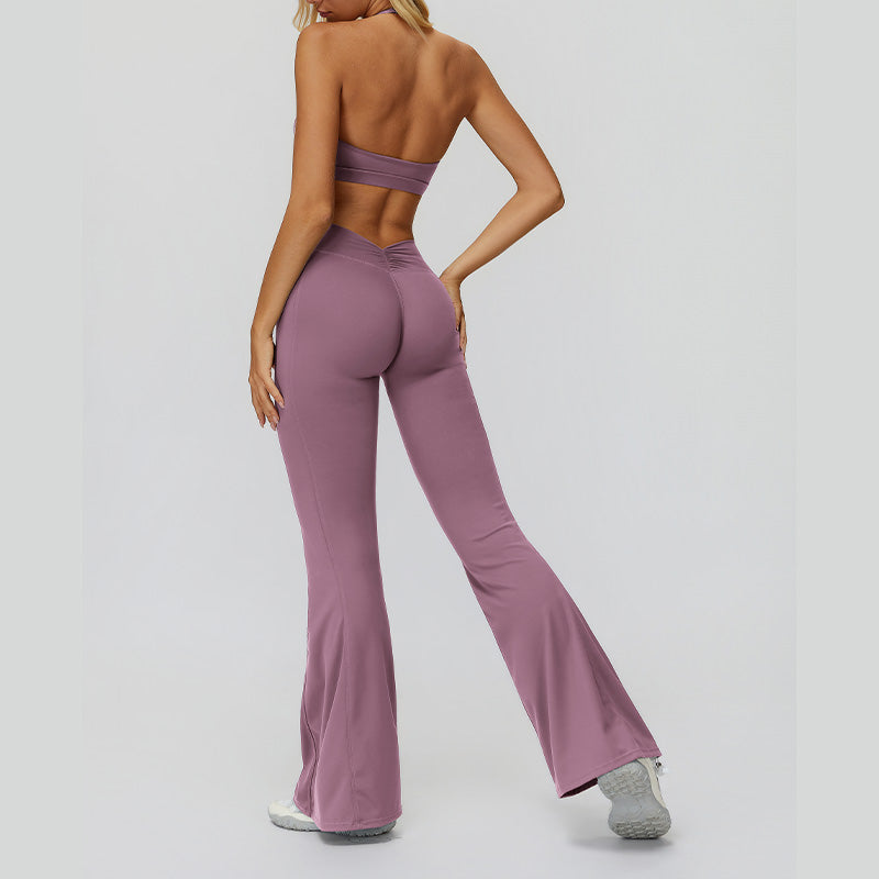 Halter sports bra+High waisted flared pants 2-piece set