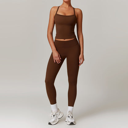 Tapa del tanque de yoga de cruz cepillado + Leggings de cintura alta de 2 piezas
