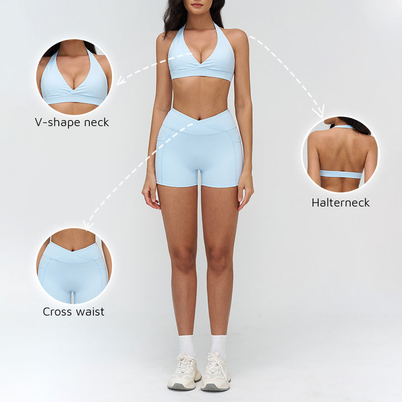 Halterneck backless bra + side pocket design shorts 2-piece set