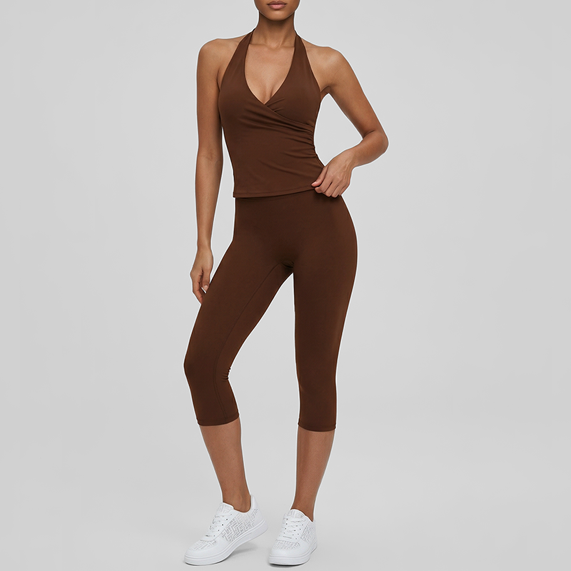Wholesale V-neck halter top + high-waisted cropped pants set