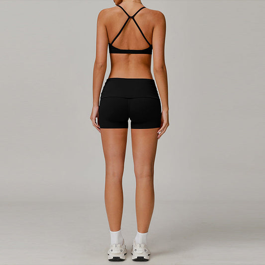 Cross Back and thin straps sports bras + High-waisted shorts 2-piece set