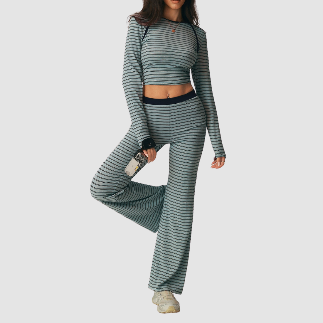 Wholesale Women's Striped Long-Sleeve Top+Wide-Leg Yoga Pants 2-Piece Set