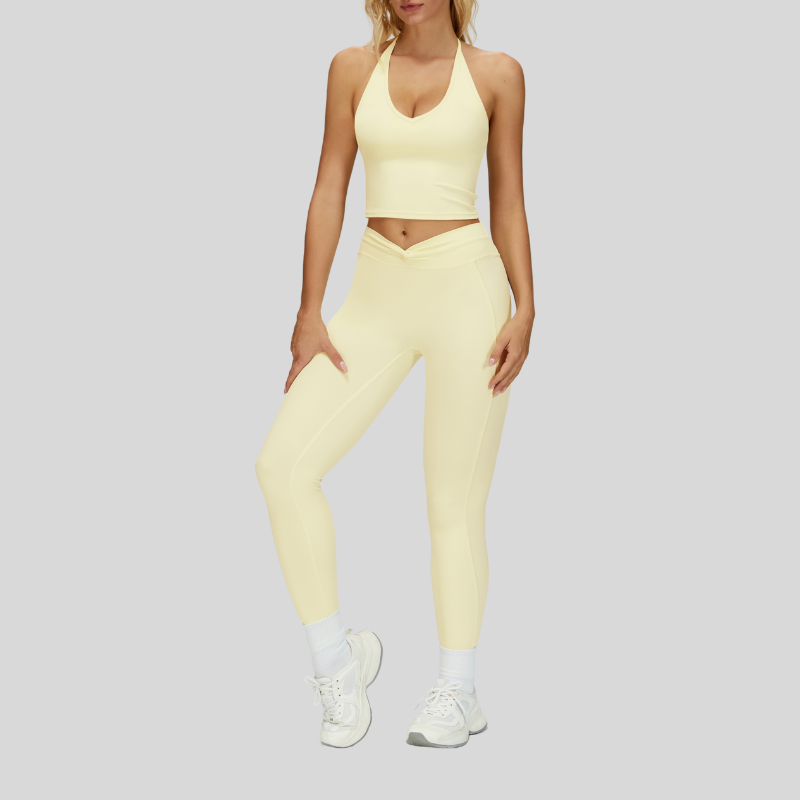 Removable Bra Pad Tank top+Pleated waistband sport leggings 2-piece set
