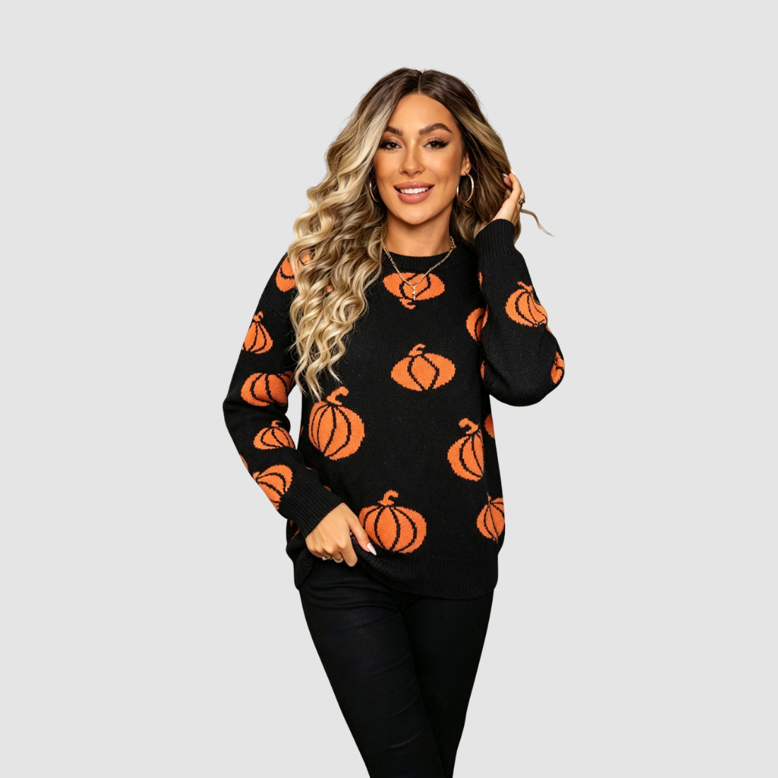 Wholesale Women's Halloween Witch Pumpkin Knit Sweater – Round-Neck Pullover