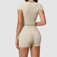 Wholesale Women's Seam-Detail Short Sleeve Crop Top + High-Waist Shorts Set – Butt-Lifting Yoga Gym Activeweare