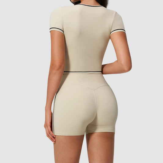 Wholesale Women's Seam-Detail Short Sleeve Crop Top + High-Waist Shorts Set – Butt-Lifting Yoga Gym Activeweare