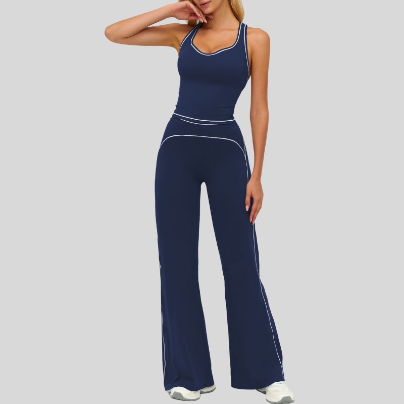 Contrasting racerback tank top+ High-waisted wide-leg pants 2-piece set