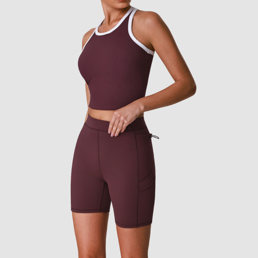 Wholesale Women's Color-Block Racerback Tank Top + High-Waist Cycling Shorts Set – Gym Yoga Fitness Set