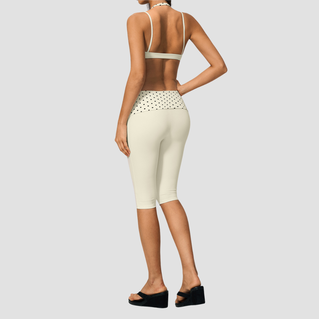 Wholesale Women's Polka Dot & Stripe Yoga Set Halter Neck Sports Bra & Capri Pants w/ Chest Pad