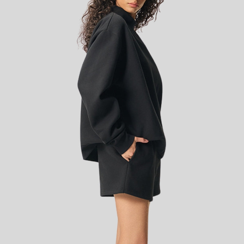 Semi-High Neck Top + Drawstring Shorts 2-piece set