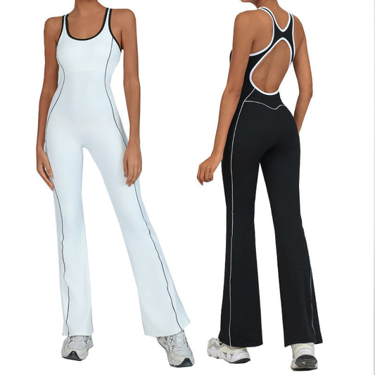 Hollow back yoga suit hip-lifting pleated flared jumpsuit