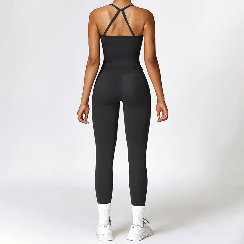 Tapa del tanque de yoga de cruz cepillado + Leggings de cintura alta de 2 piezas