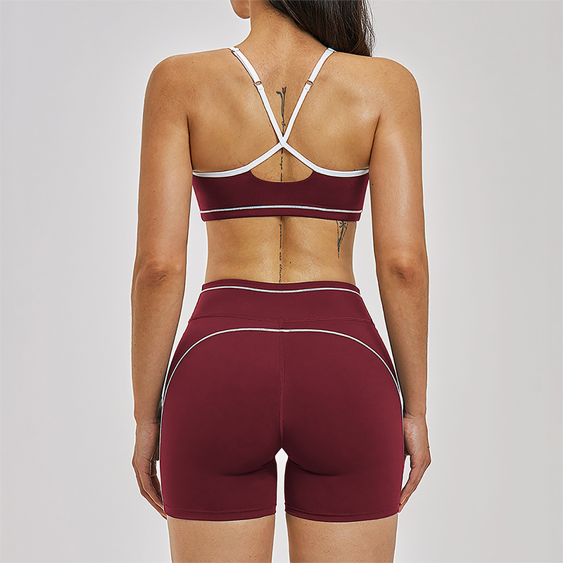 Wholesale Color Block Naked Yoga Halter Bra+Tight Shorts 2-Piece Set