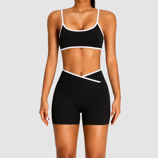 Wholesale Women's Color Block Cross-Back Sports Bra & High-Waist Shorts Set – Naked Feel Yoga Gym Activewear