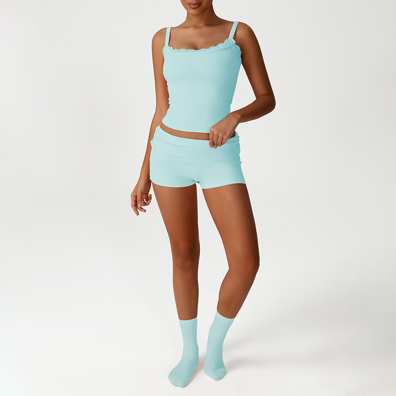 Lace Low-Cut Crop Top + Elastic Ruched Waistband Shorts 2-Piece Set