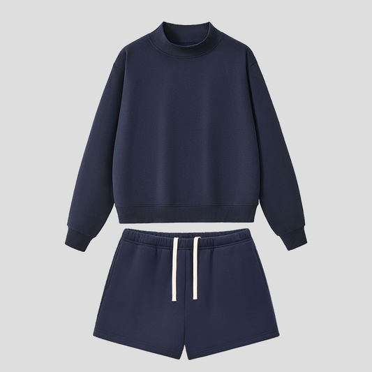 Semi-High Neck Top + Drawstring Shorts 2-piece set