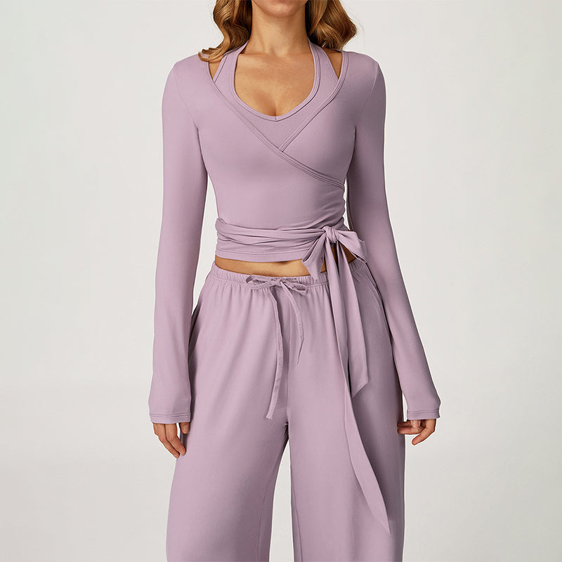 V-neck crop top+Open-back sleeveless crop+HIGH WAIST LEGGINGS 3-PIECE SET