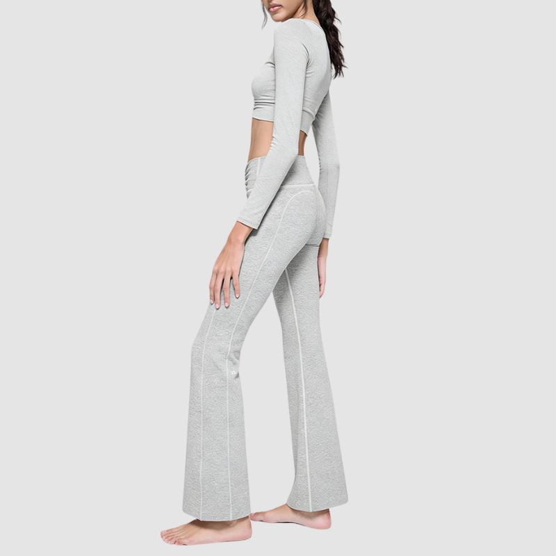 Wholesale Women's Cationic Long Sleeve Top & Wide-Leg Pants Set – Draped Yoga Set