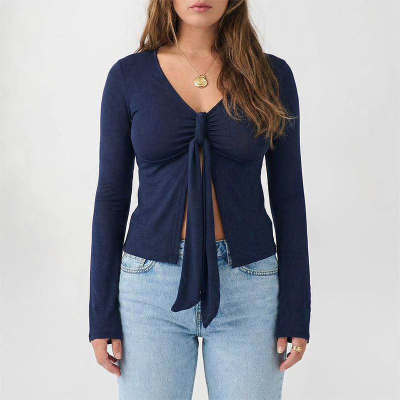 Wholesale Modal-Blend Tie-Front Bow Long-Sleeve Fitted T-Shirt – Elegant Slim-Fit Top
