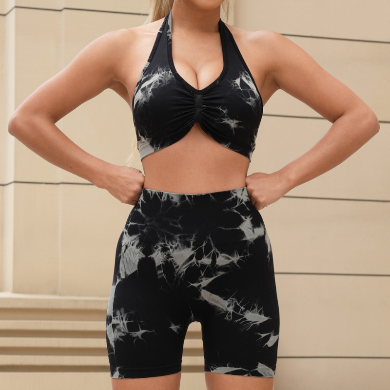 Seamless tie-dye halter backless bra + high-waisted shorts two-piece set