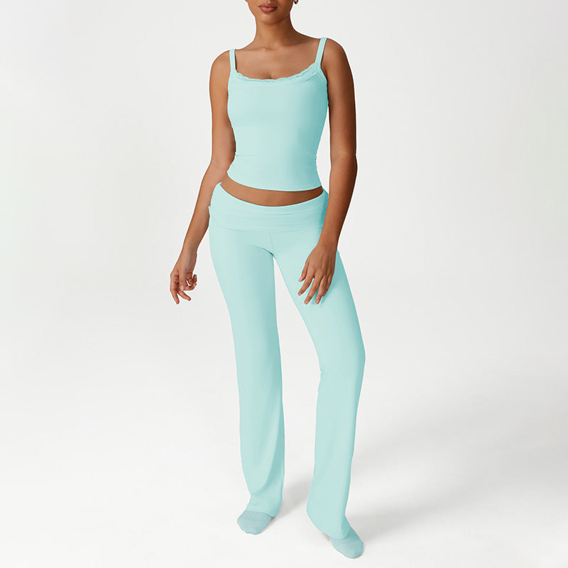 Lace Low-Cut Crop Top + Elastic Ruched Waistband Flared Pants 2-Piece Set